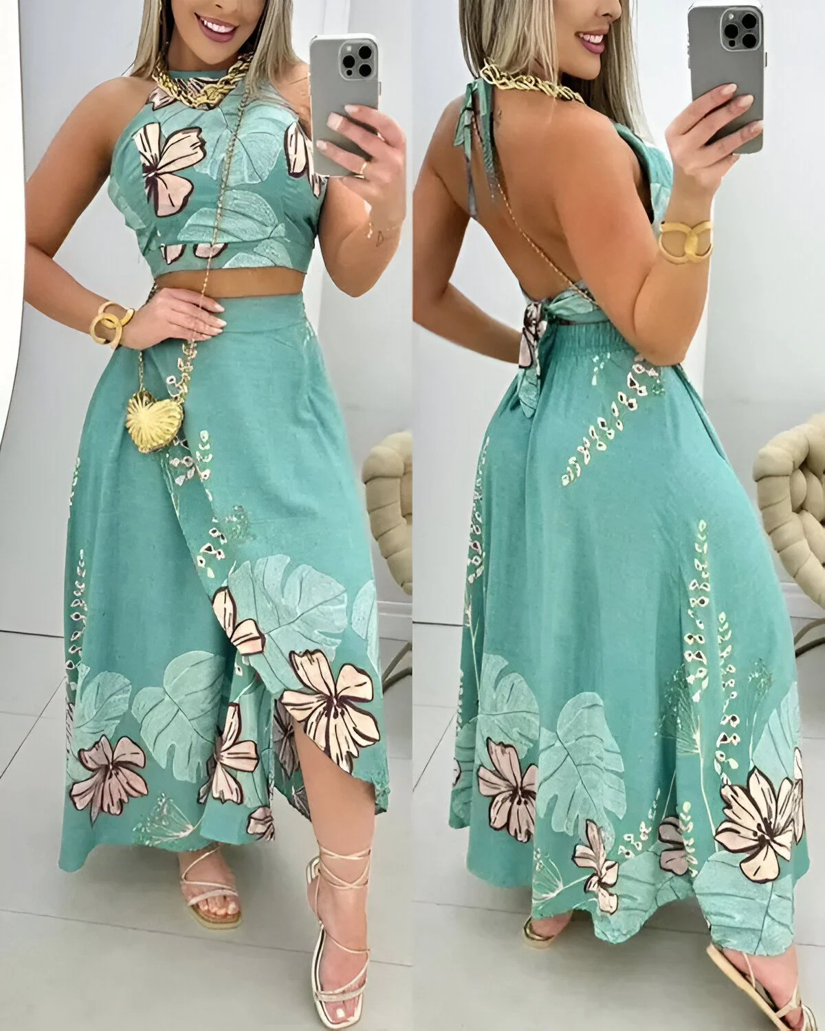 Ensemble 2 pièces haut dos nu à imprimé floral feuille de palmier et jupe fendue