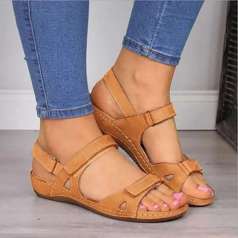 Sandales plates à bout ouvert pour femmes, grande taille, couleur unie, avec doublure en cuir véritable – Image 3