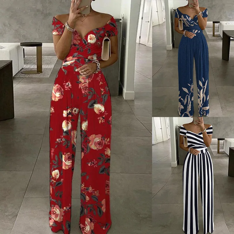 Combinaisons pour femmes, nouvelle mode d'été, épaules dénudées, imprimé floral, manches courtes, col en V, – Image 3