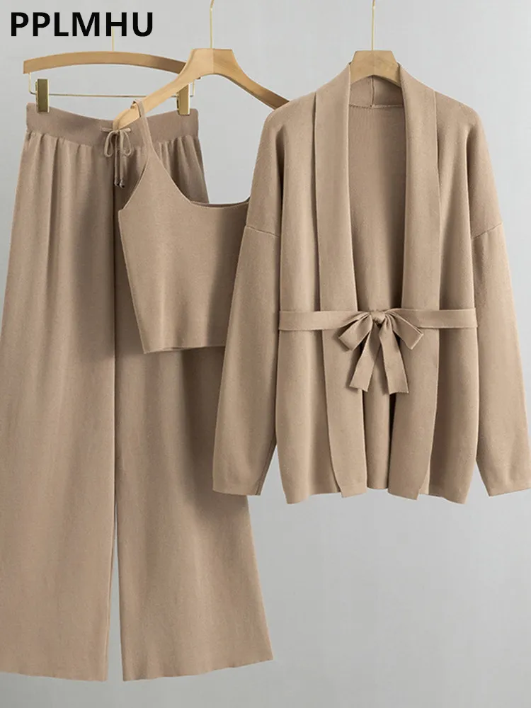 Ensemble pull coréen 3 pièces pour femmes, Cardigans en tricot épais + hauts Spaghetti courts + pantalon