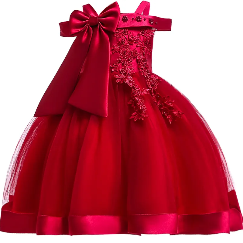 Robes pour filles de 3 à 10 ans, avec des Appliques de fleurs élégante avec nœud – Image 2