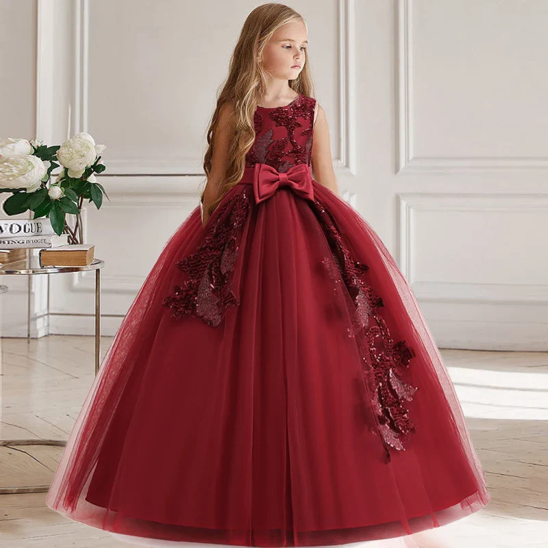 Robe de soirée pour filles, tenue de princesse de demoiselle d'honneur, à fleurs élégante, avec nœud – Image 3