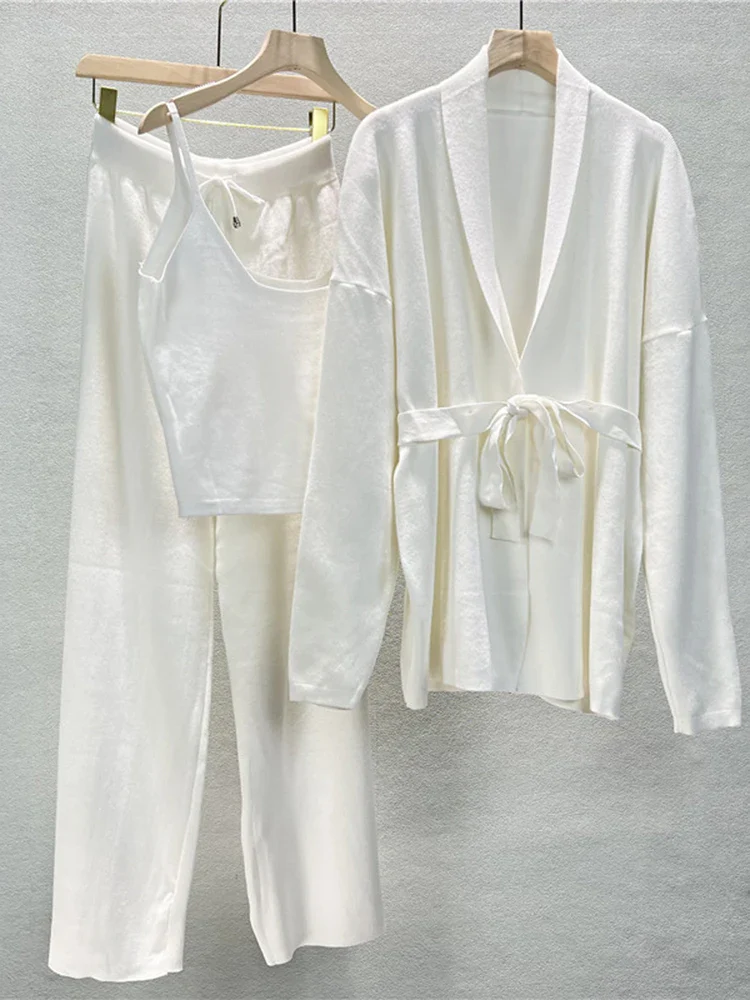 Ensemble pull coréen 3 pièces pour femmes, Cardigans en tricot épais + hauts Spaghetti courts + pantalon – Image 9