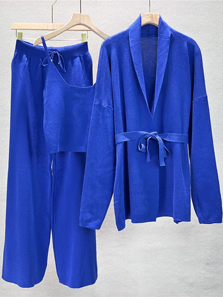 Ensemble pull coréen 3 pièces pour femmes, Cardigans en tricot épais + hauts Spaghetti courts + pantalon – Image 7