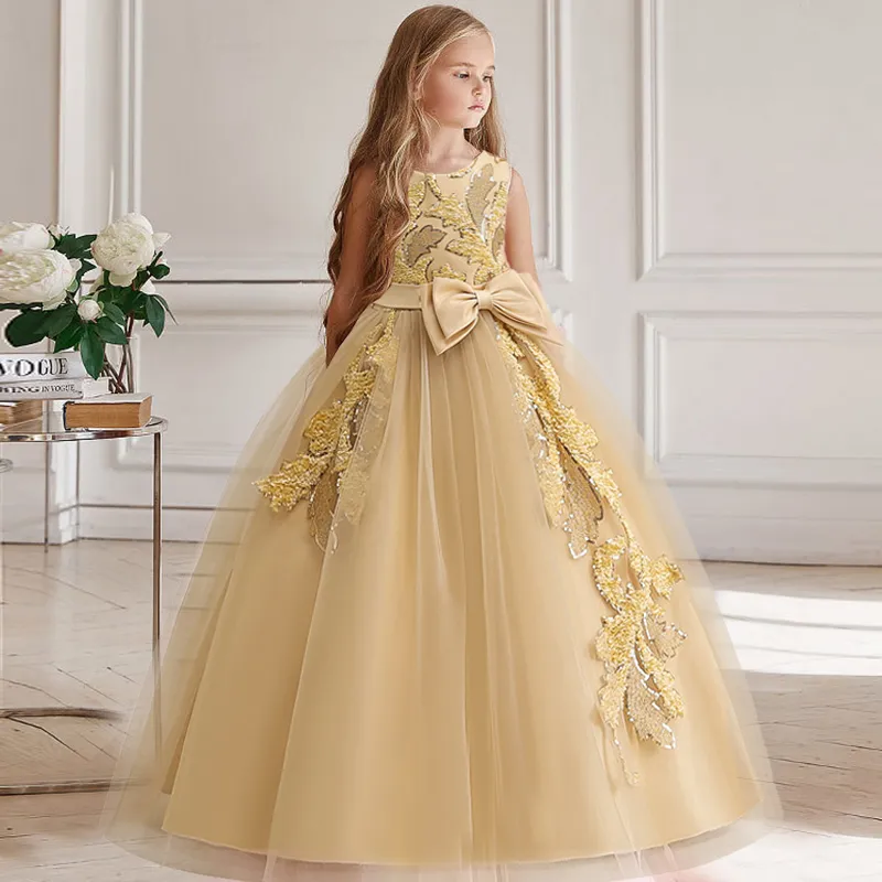 Robe de soirée pour filles, tenue de princesse de demoiselle d'honneur, à fleurs élégante, avec nœud