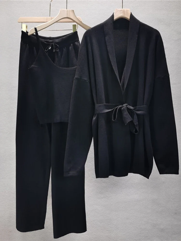 Ensemble pull coréen 3 pièces pour femmes, Cardigans en tricot épais + hauts Spaghetti courts + pantalon – Image 8