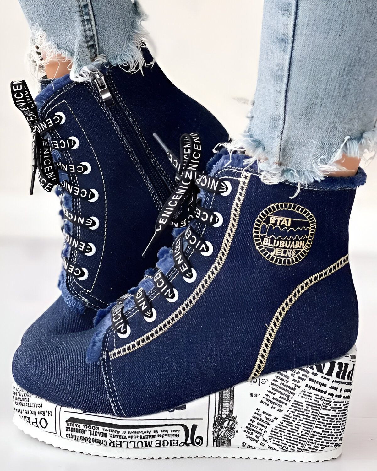 Bottines compensées en denim à lacets et ourlet brut