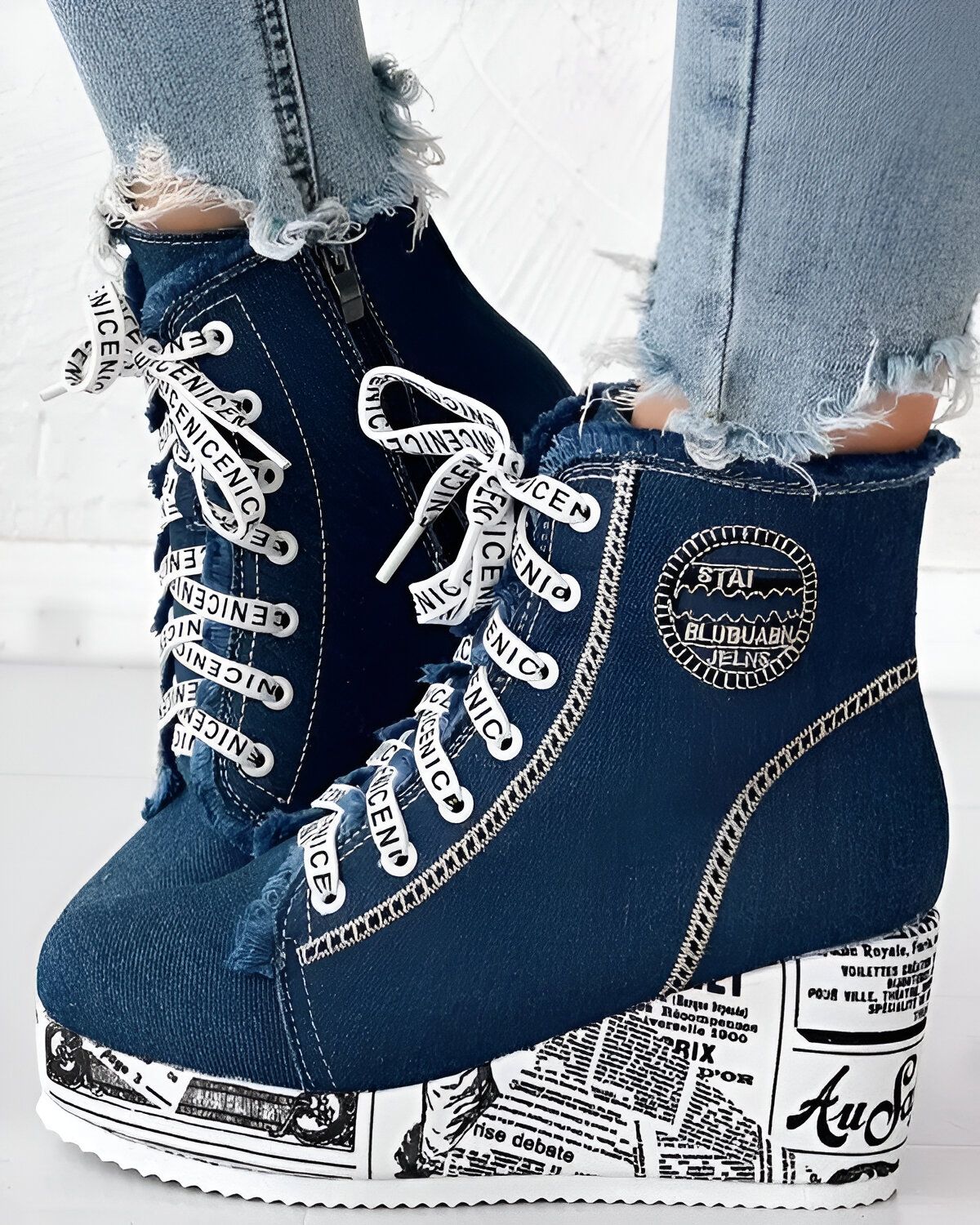 Bottines compensées en denim à lacets et ourlet brut – Image 7