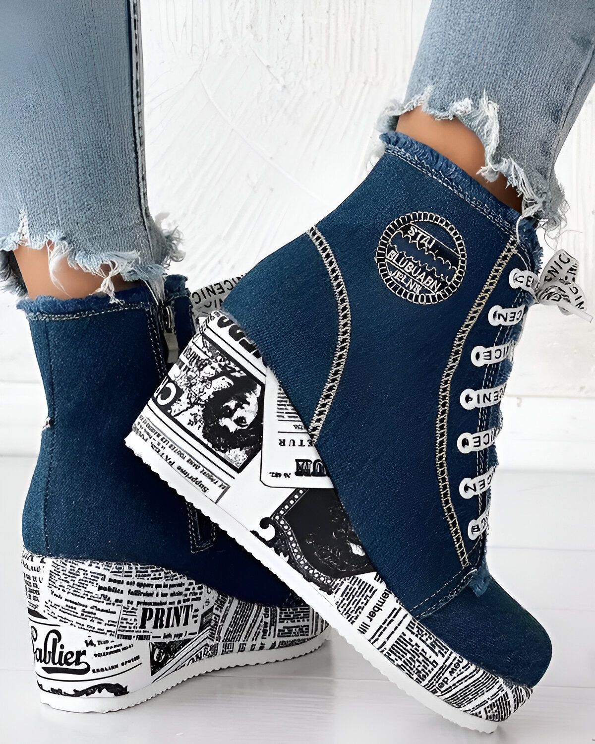 Bottines compensées en denim à lacets et ourlet brut – Image 8
