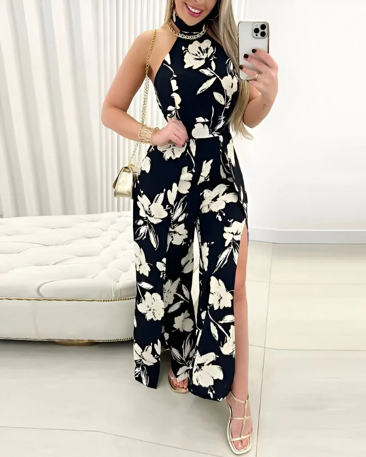 Combinaison dos nu à imprimé floral et fente haute – Image 2