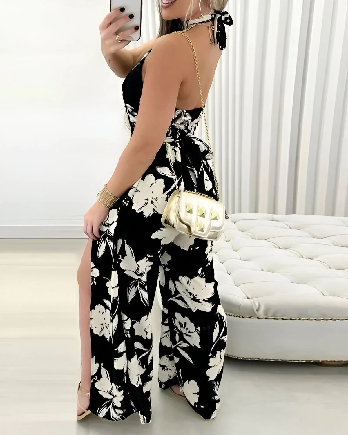 Combinaison dos nu à imprimé floral et fente haute – Image 3