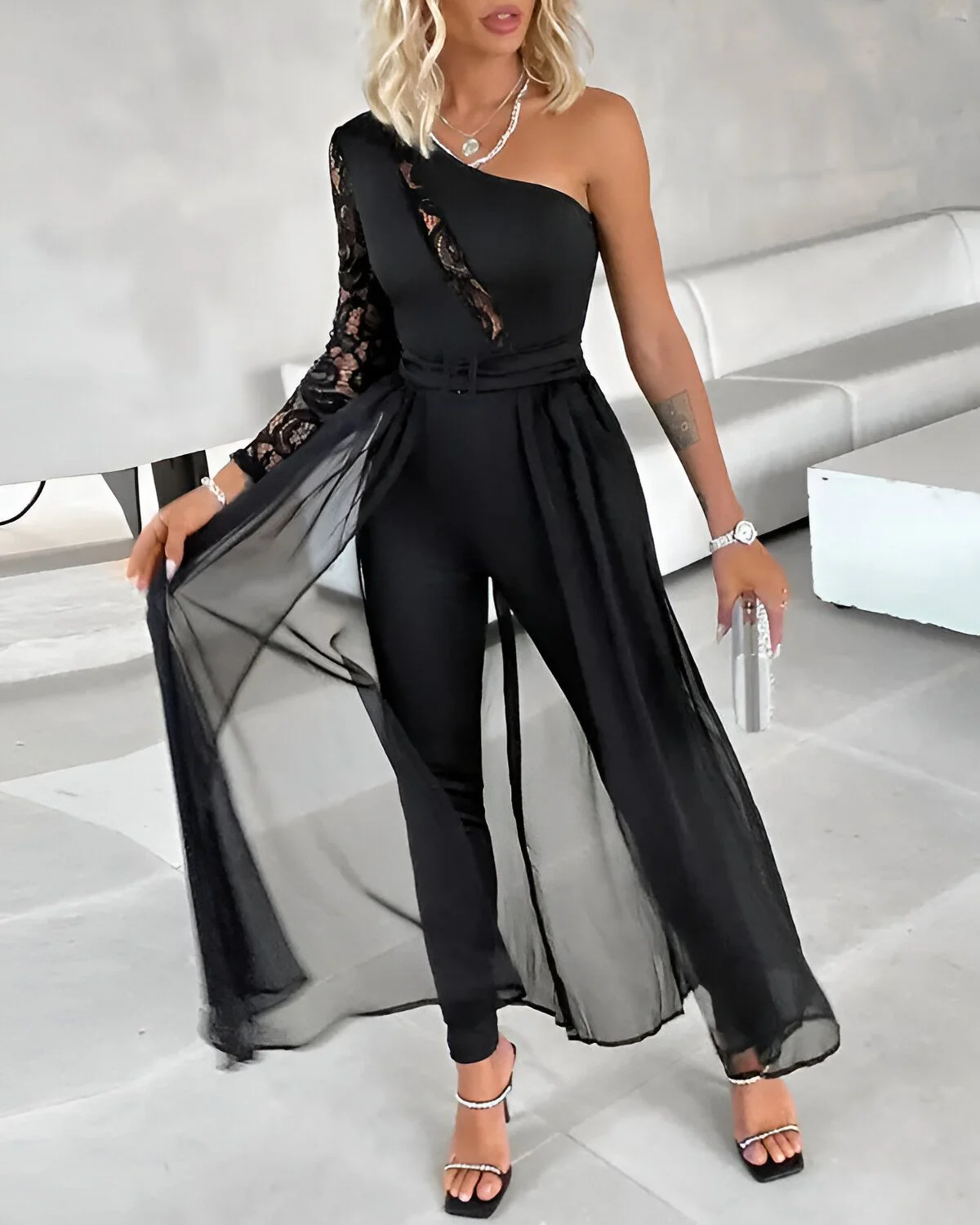 Combinaison superposée en maille transparente à une épaule en dentelle contrastée – Image 4