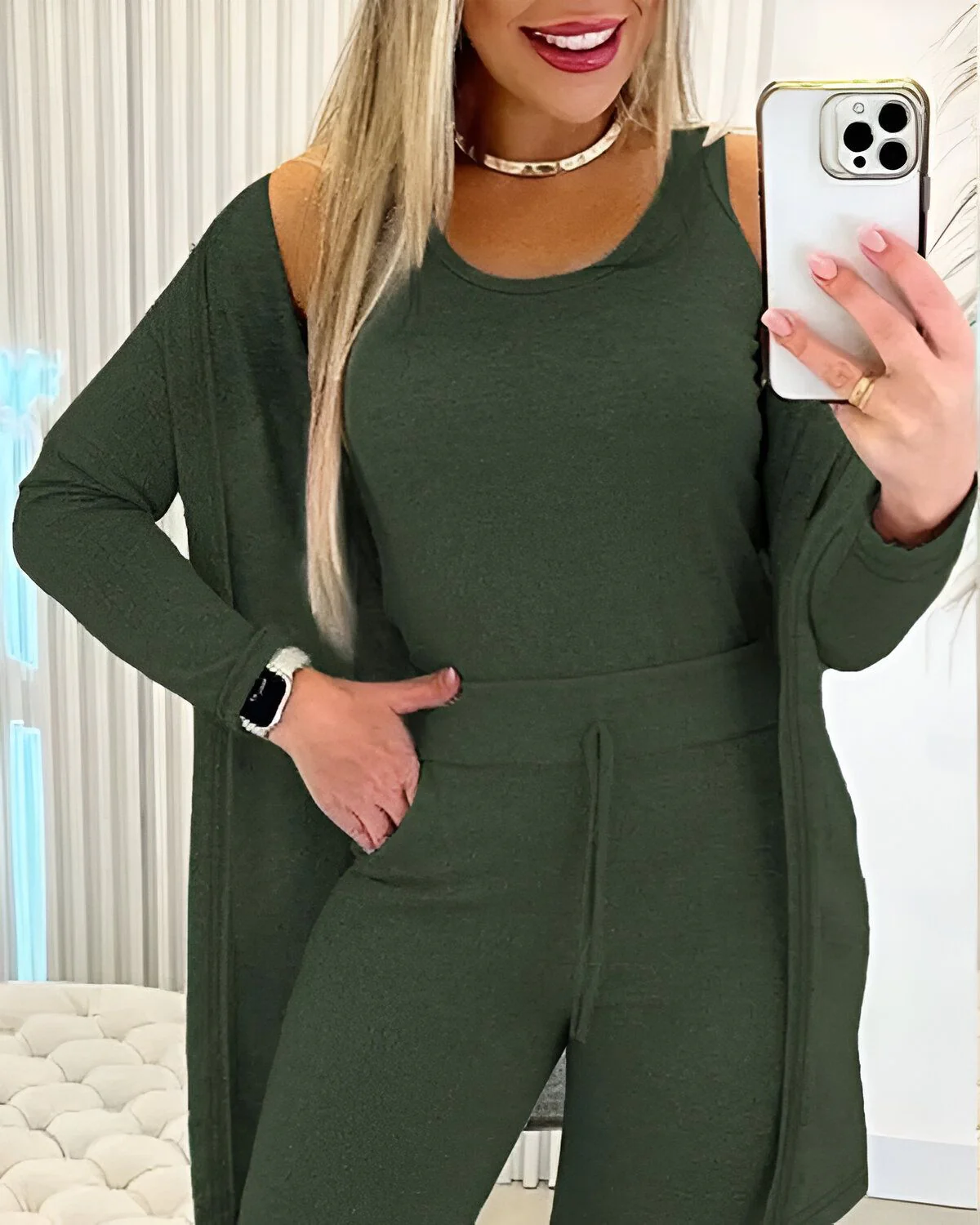 Ensemble 3 pièces débardeur à col rond et pantalon à cordon avec manteau – Image 2