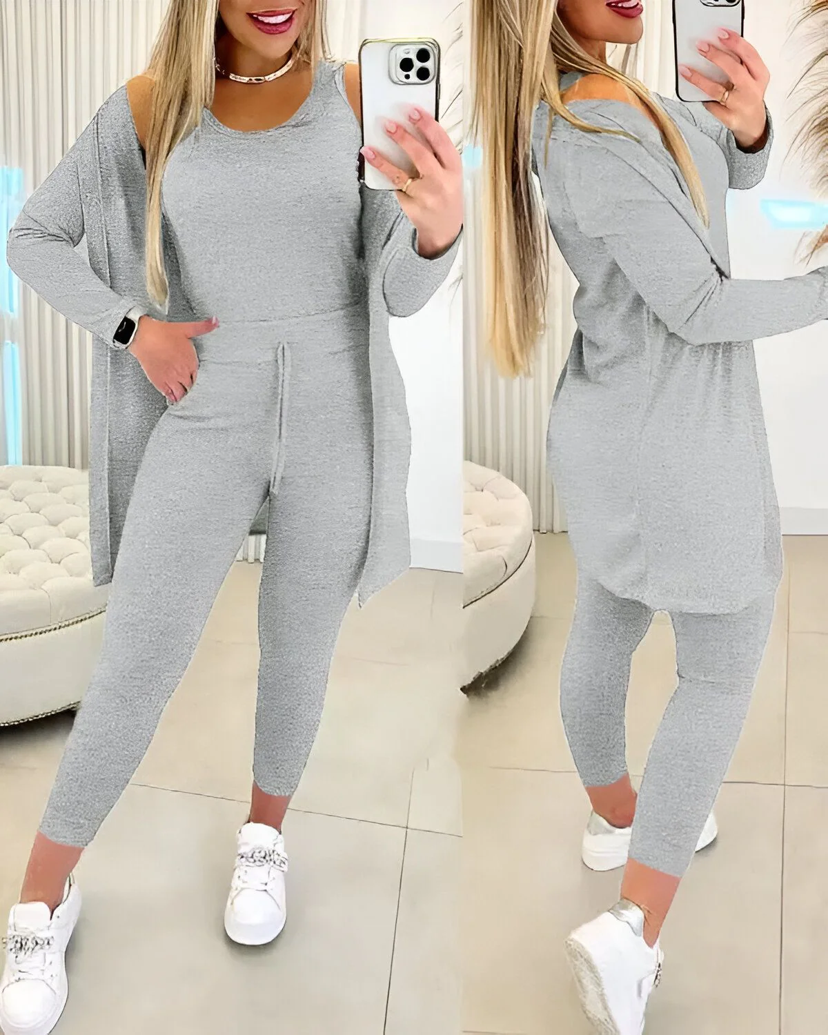 Ensemble 3 pièces débardeur à col rond et pantalon à cordon avec manteau – Image 5