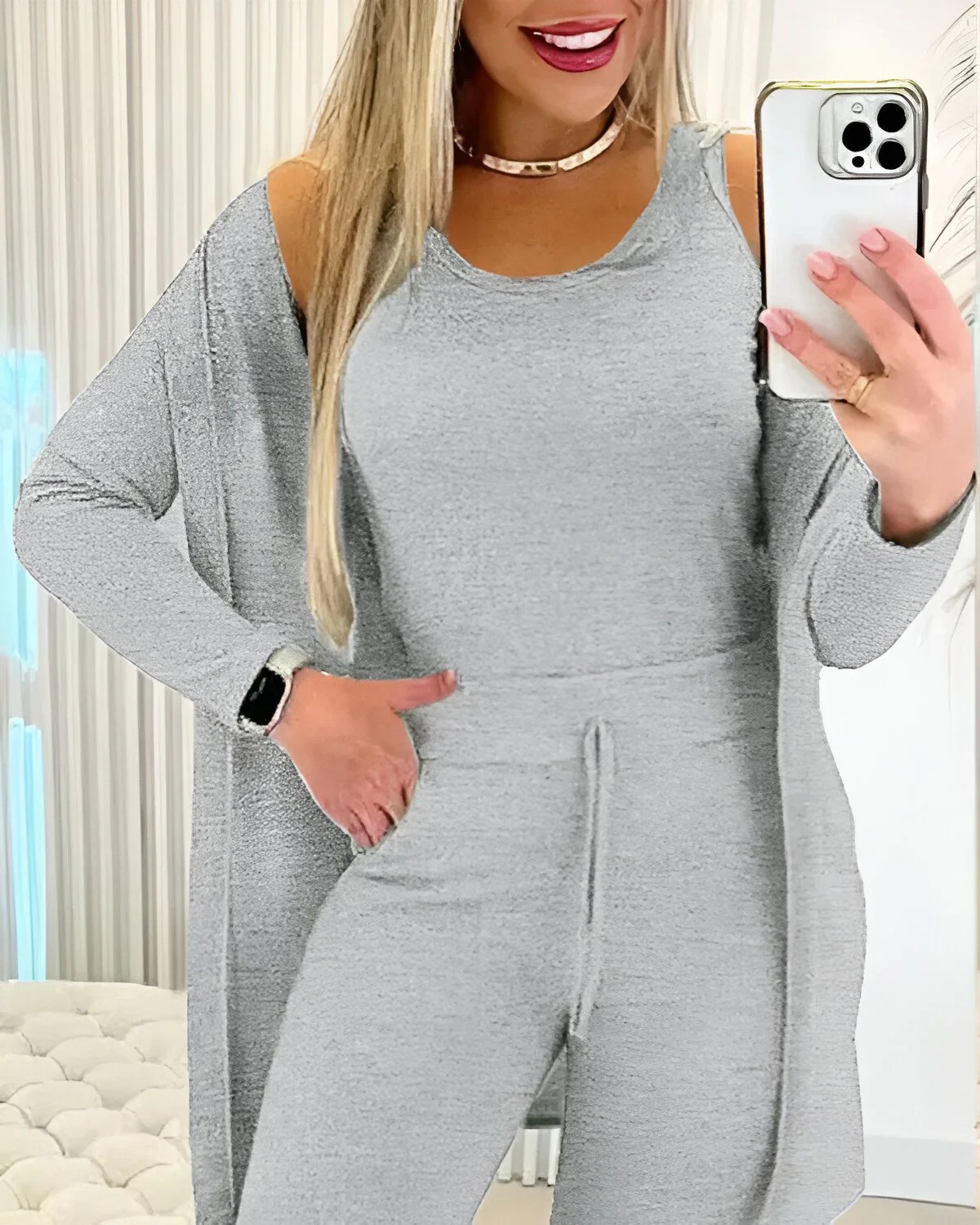 Ensemble 3 pièces débardeur à col rond et pantalon à cordon avec manteau – Image 6