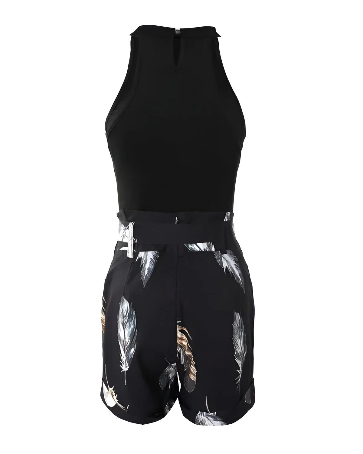 Ensemble basique débardeur et short imprimé plumes avec ceinture – Image 5