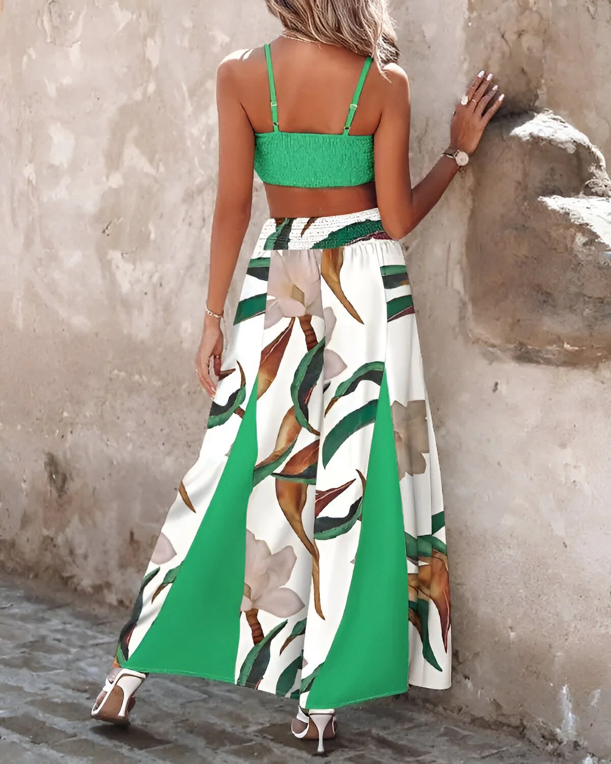 Ensemble caraco froncé et pantalon large froncé à imprimé plantes – Image 3