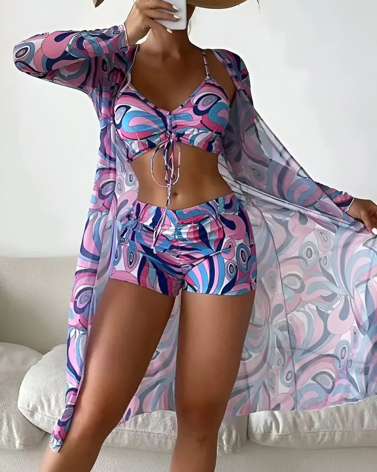 Ensemble de bikini 3 pièces à cordon de serrage imprimé sur l'ensemble avec cache-maillot – Image 3