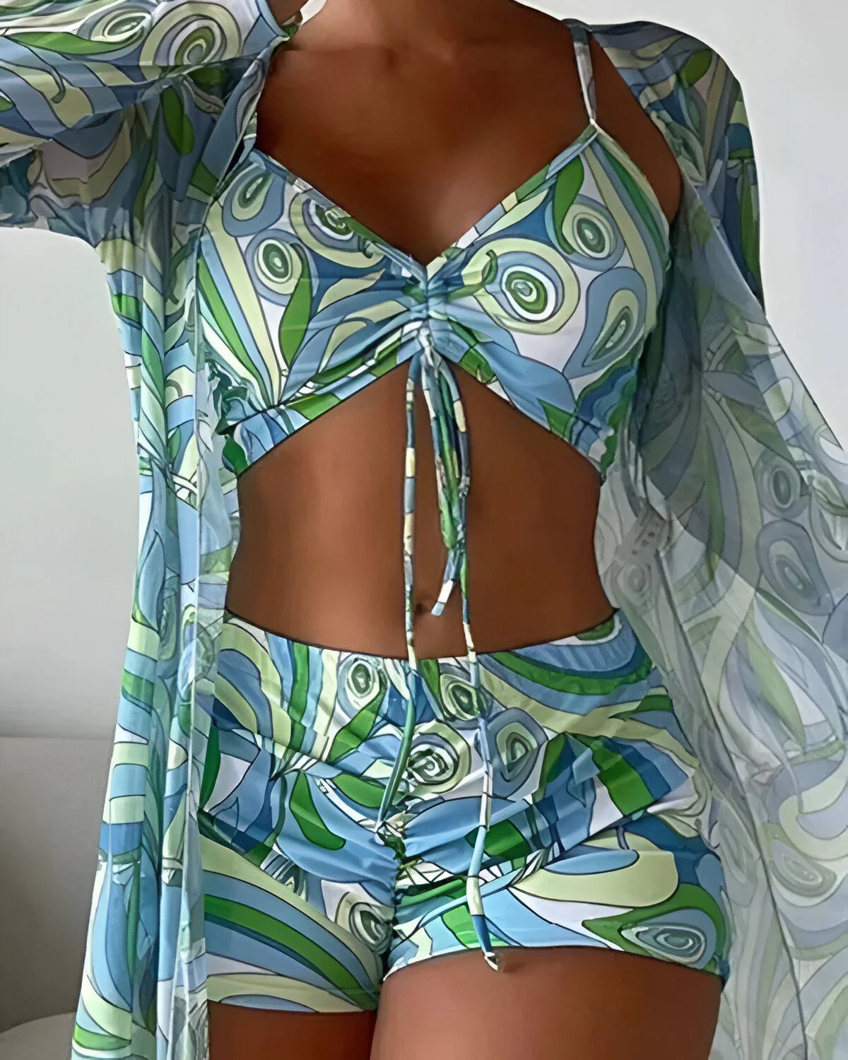 Ensemble de bikini 3 pièces à cordon de serrage imprimé sur l'ensemble avec cache-maillot – Image 5