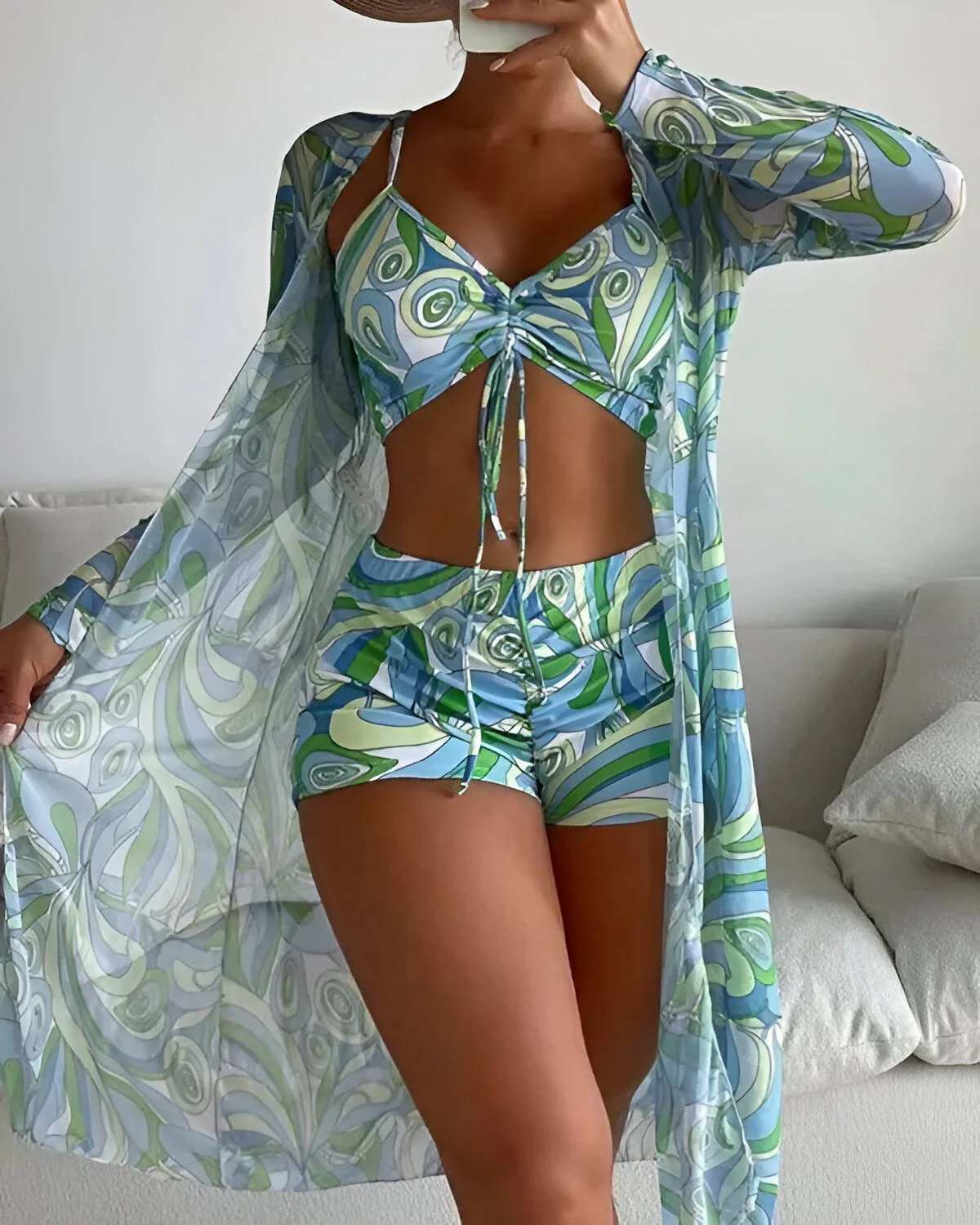 Ensemble de bikini 3 pièces à cordon de serrage imprimé sur l'ensemble avec cache-maillot – Image 6