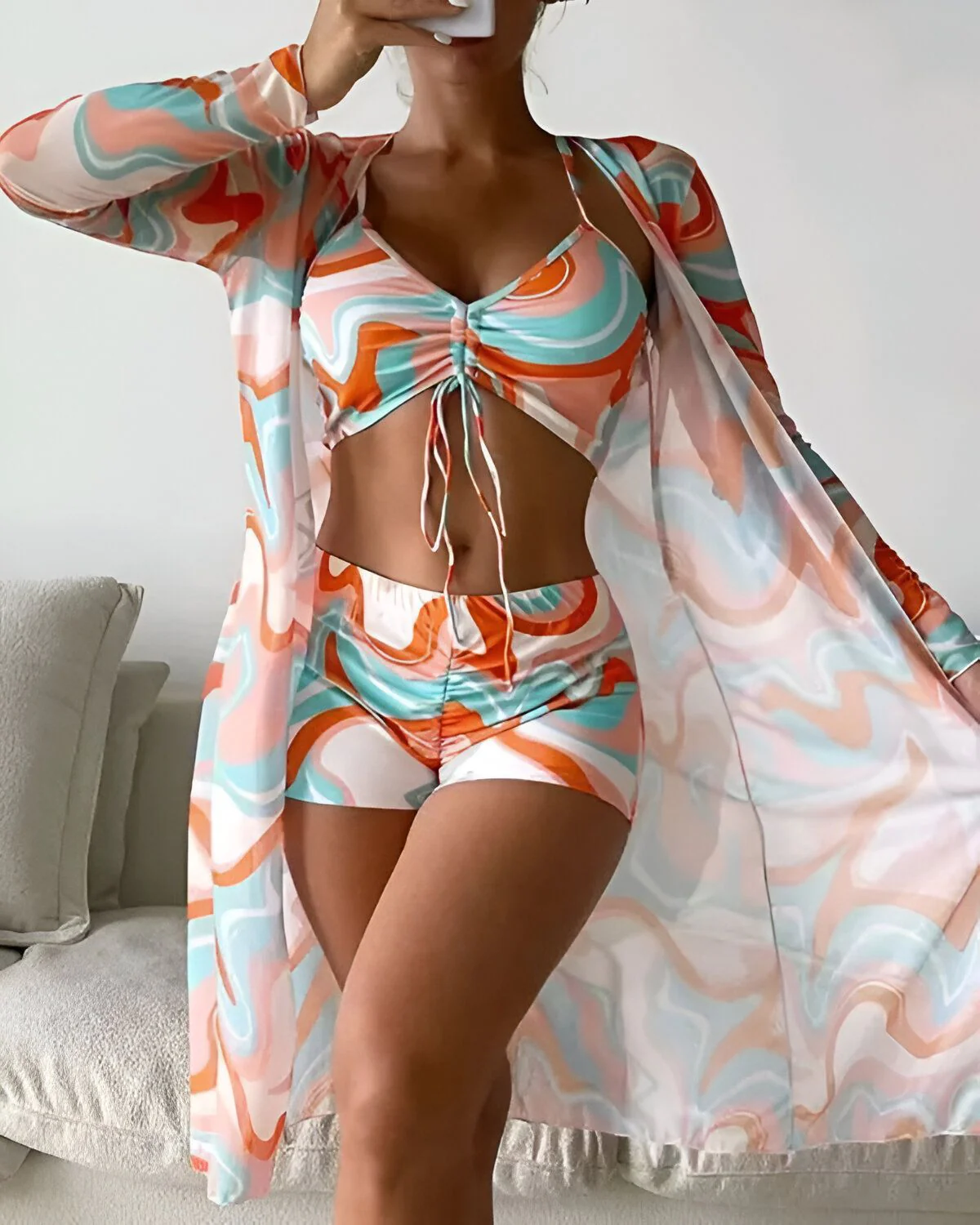 Ensemble de bikini 3 pièces à cordon de serrage imprimé sur l'ensemble avec cache-maillot – Image 7