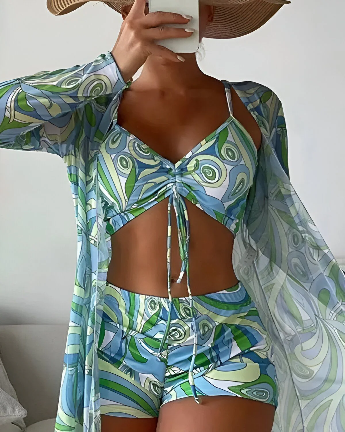 Ensemble de bikini à cordon de serrage à imprimé abstrait 3 pièces avec cache-maillot – Image 5