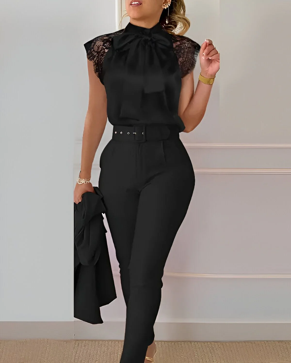 Ensemble haut à col noué en dentelle contrastée et pantalon taille haute – Image 2