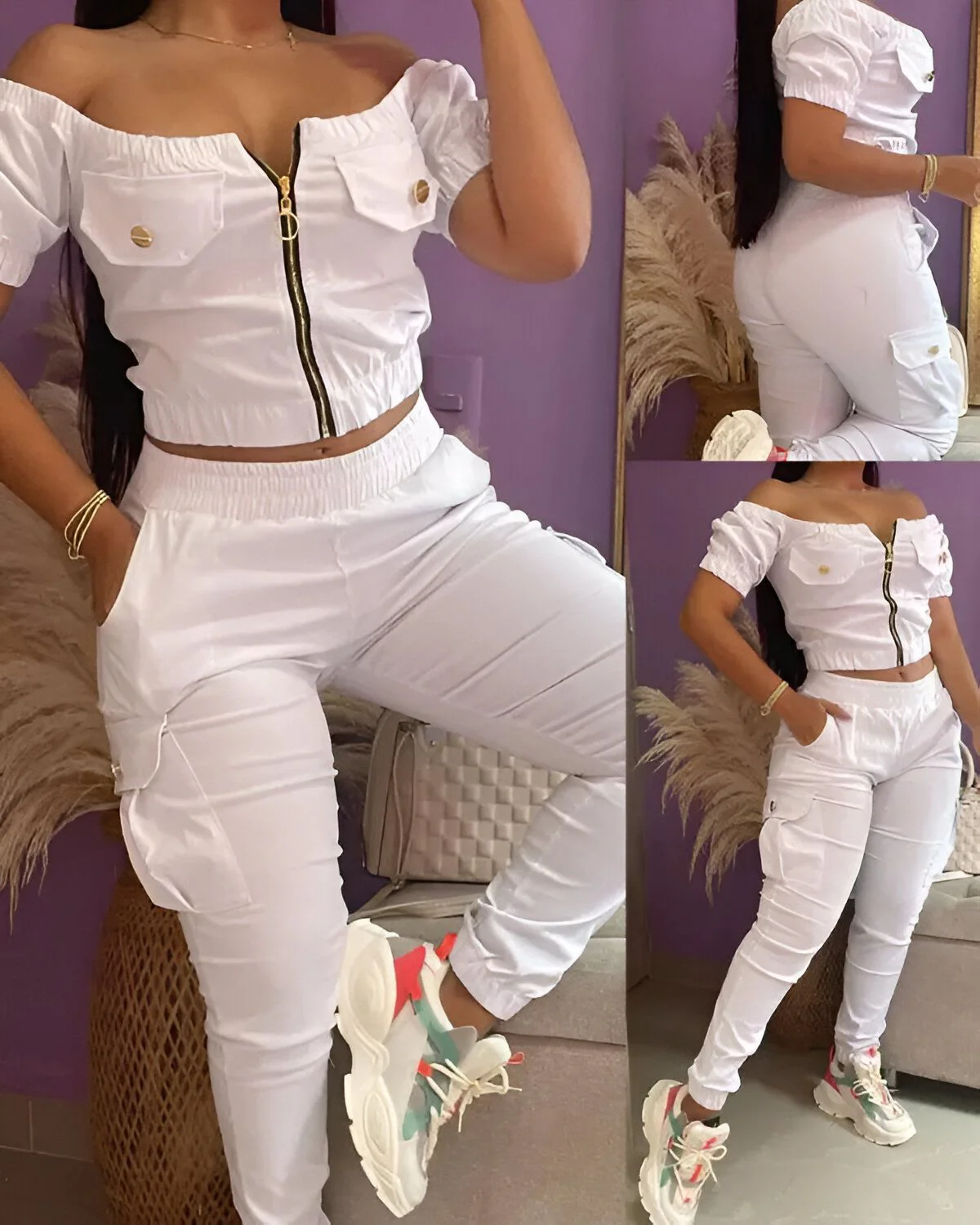 Ensemble haut à épaules dénudées et pantalon à revers avec fermeture éclair – Image 3