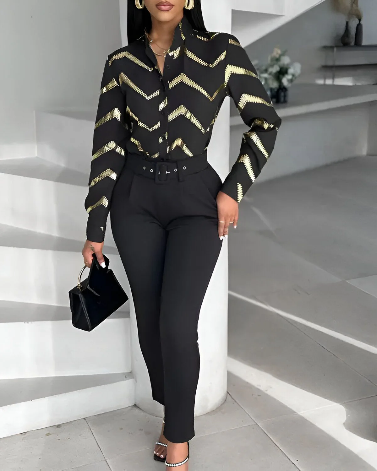 Ensemble haut à imprimé chevron bronzant et pantalon à poches – Image 5