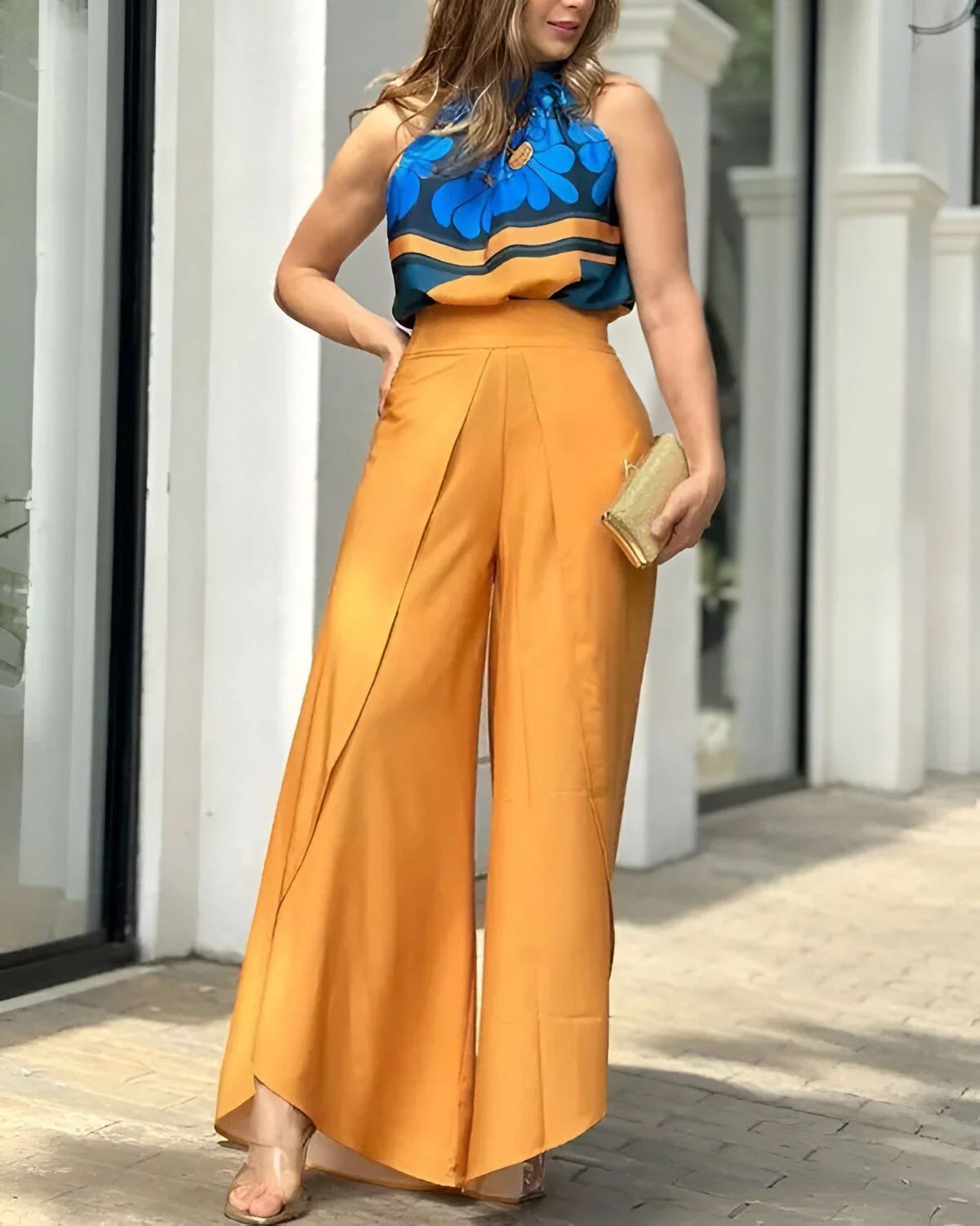 Ensemble haut à imprimé floral et pantalon large superposé