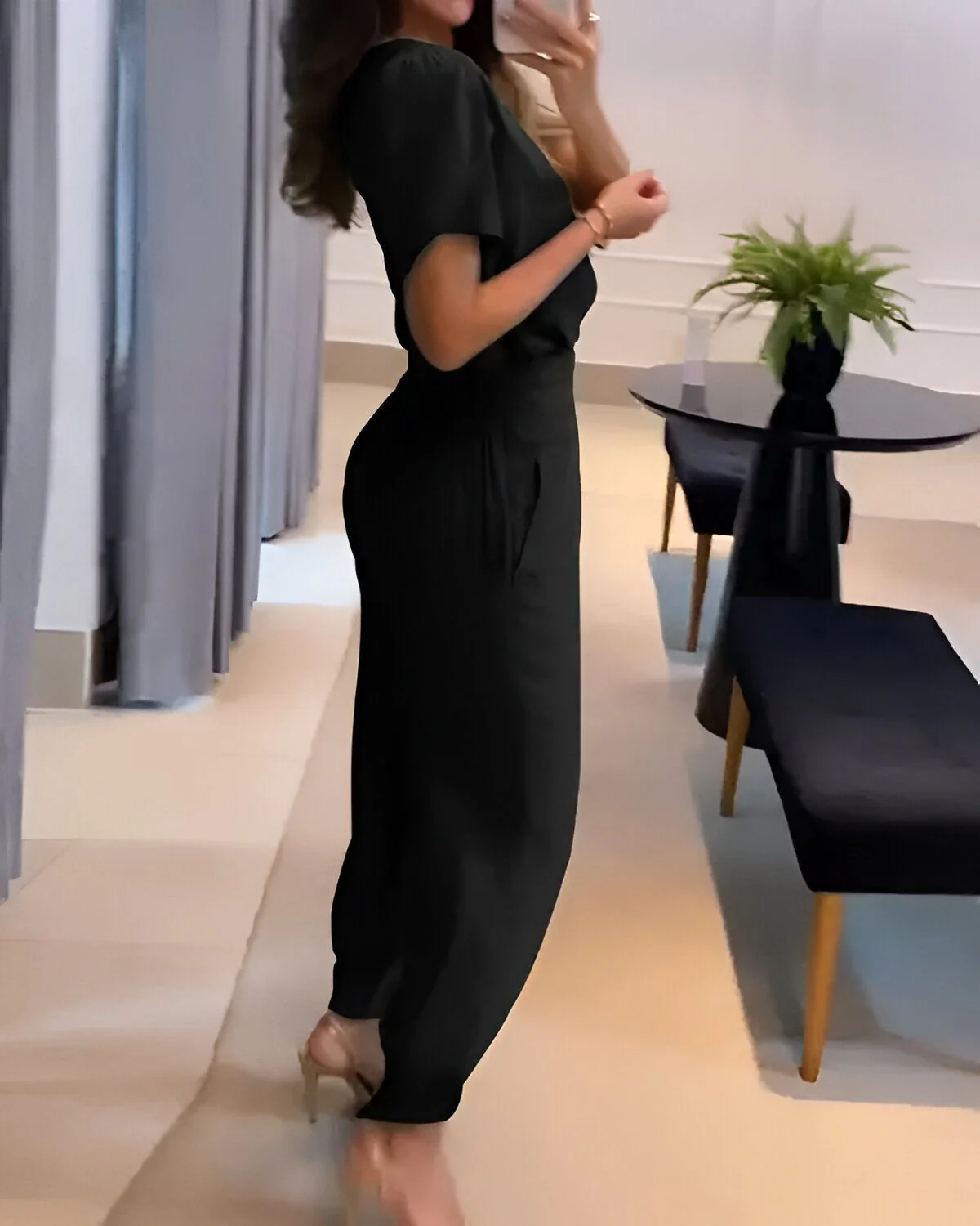 Ensemble haut à manches bouffantes et pantalon taille haute à revers – Image 5