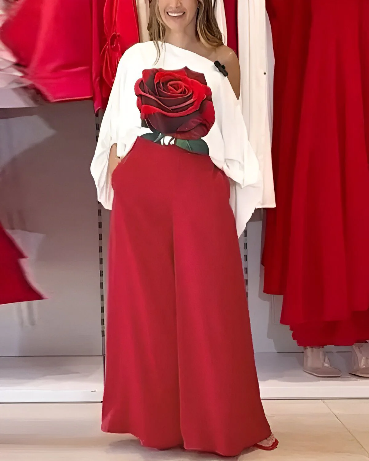 Ensemble haut à manches lanternes et pantalon large à imprimé rose