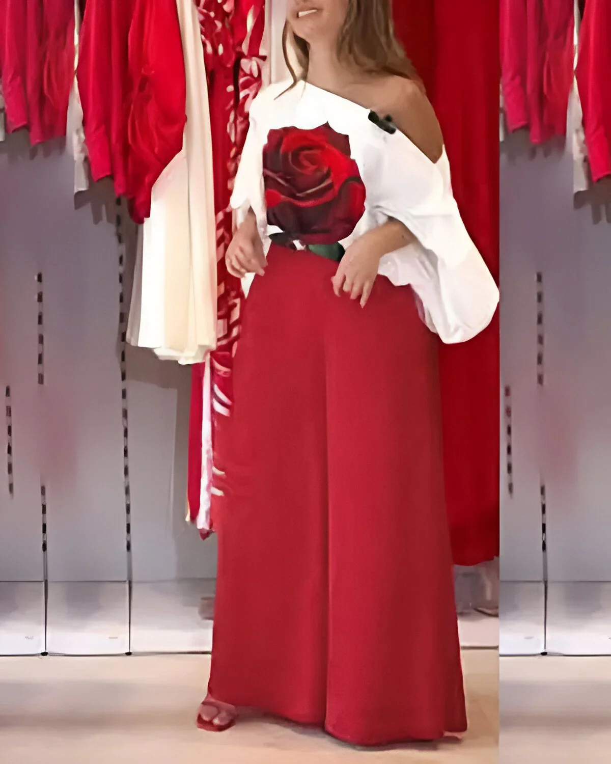 Ensemble haut à manches lanternes et pantalon large à imprimé rose – Image 2