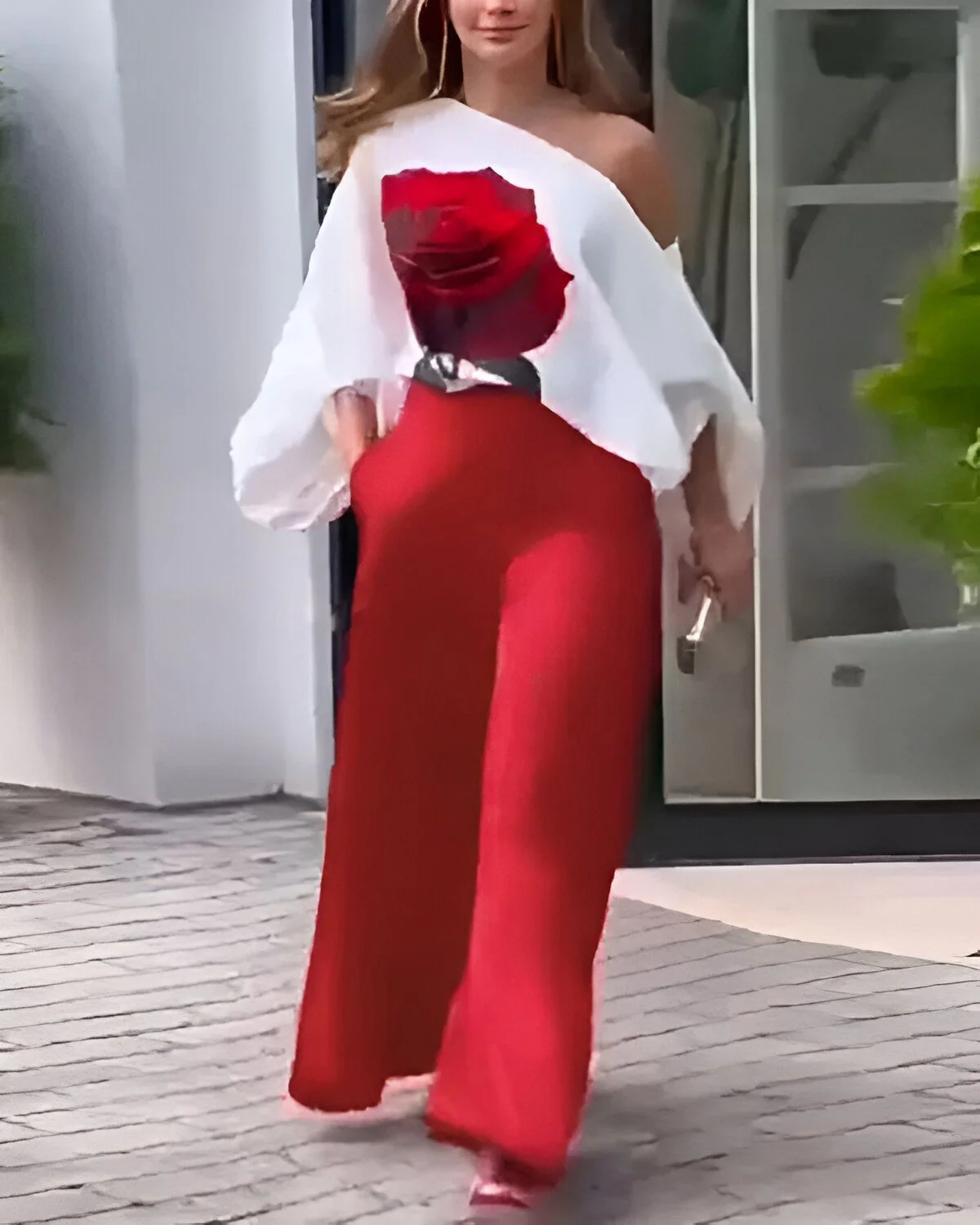 Ensemble haut à manches lanternes et pantalon large à imprimé rose – Image 4