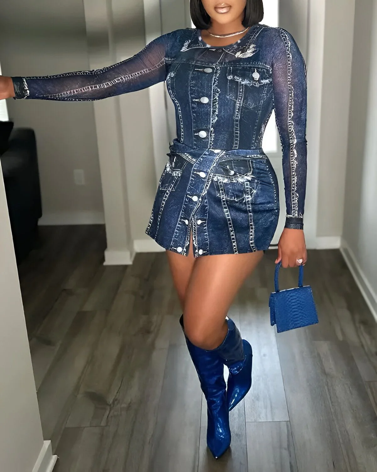 Ensemble haut à manches longues et jupe-short imprimé aspect denim – Image 8