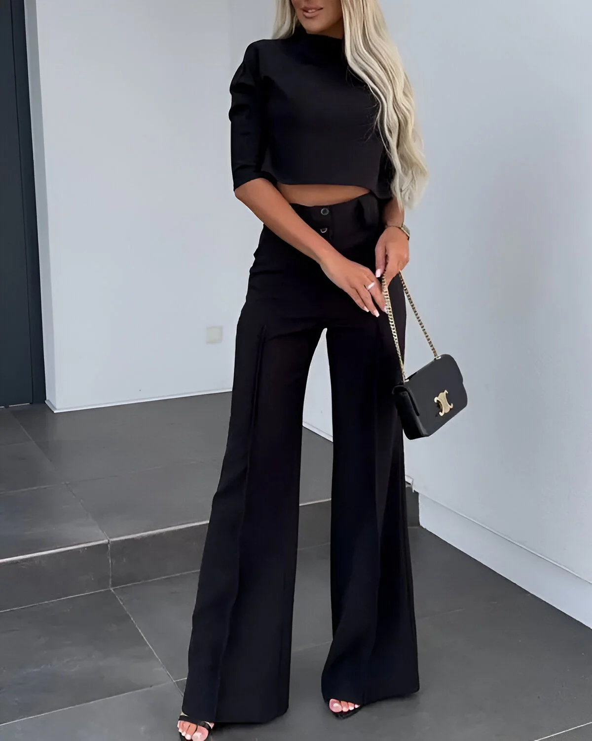 Ensemble haut court à col montant et pantalon de travail boutonné avec poche – Image 7