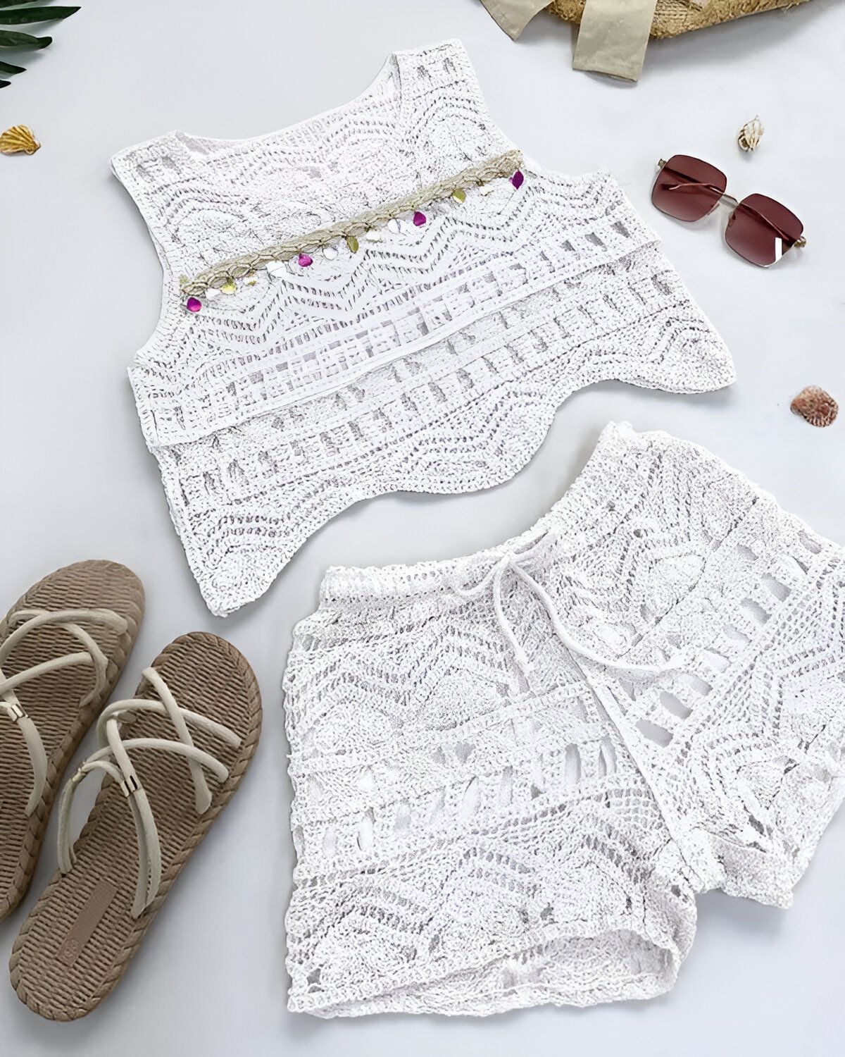 Ensemble haut court et short en tricot sans manches en dentelle au crochet – Image 8