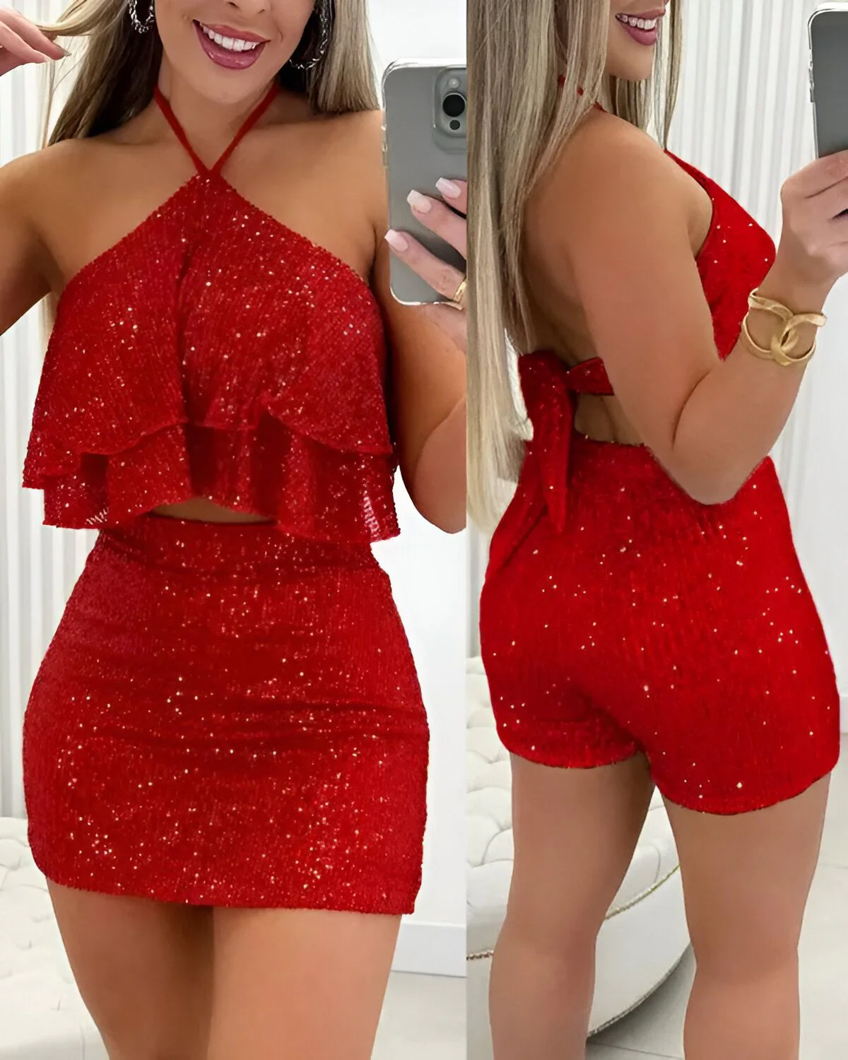 Ensemble haut et jupe-short à sequins et volants licou – Image 3