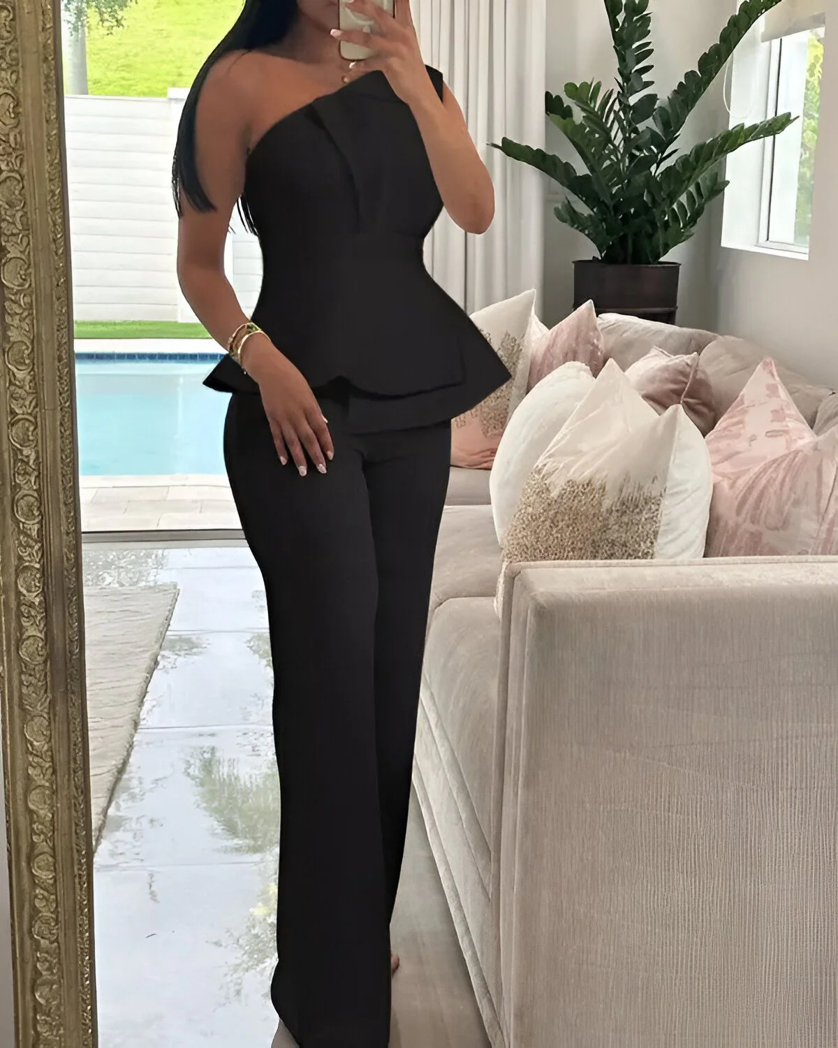 Ensemble haut froncé à une épaule et pantalon droit – Image 4