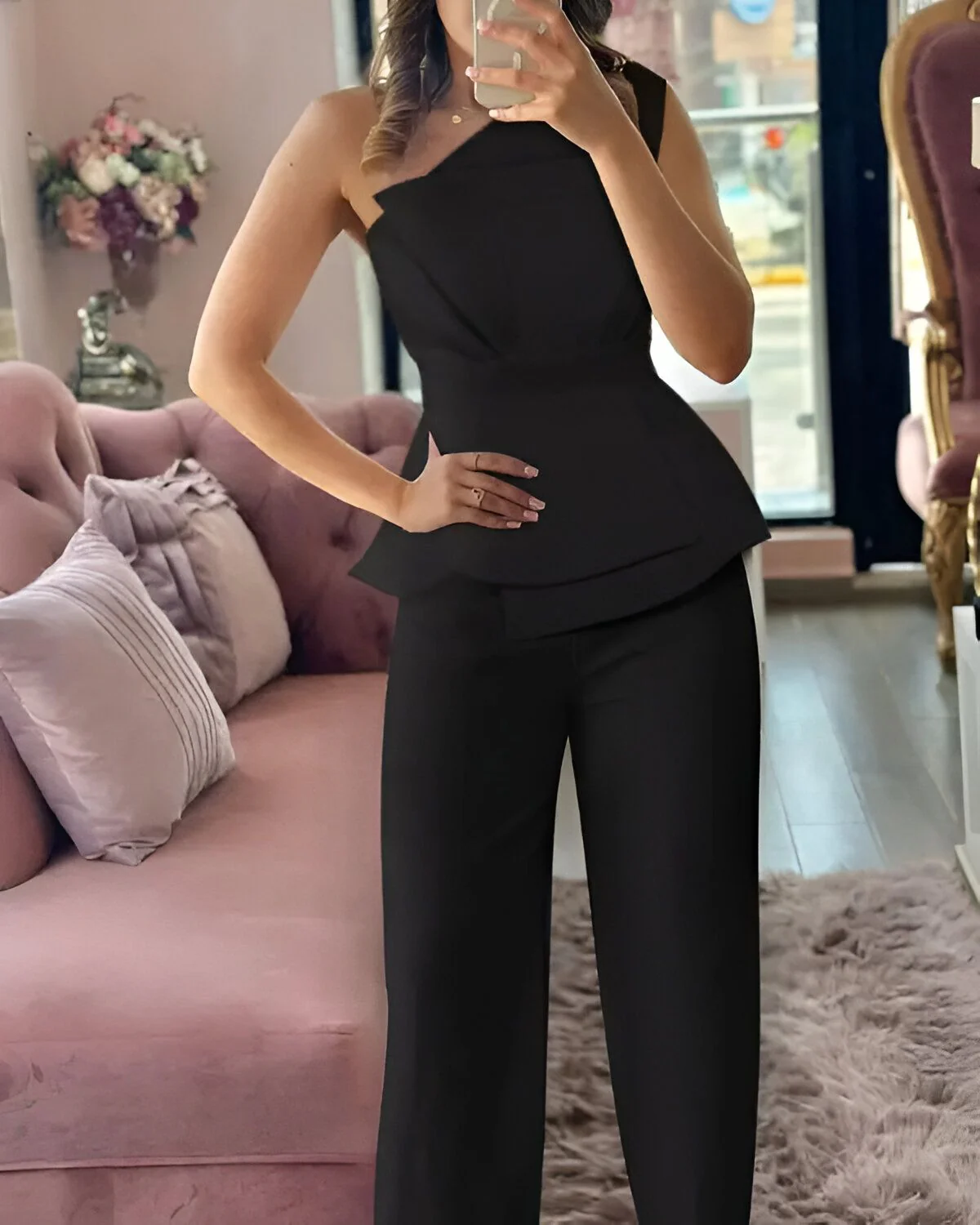 Ensemble haut froncé à une épaule et pantalon droit – Image 5