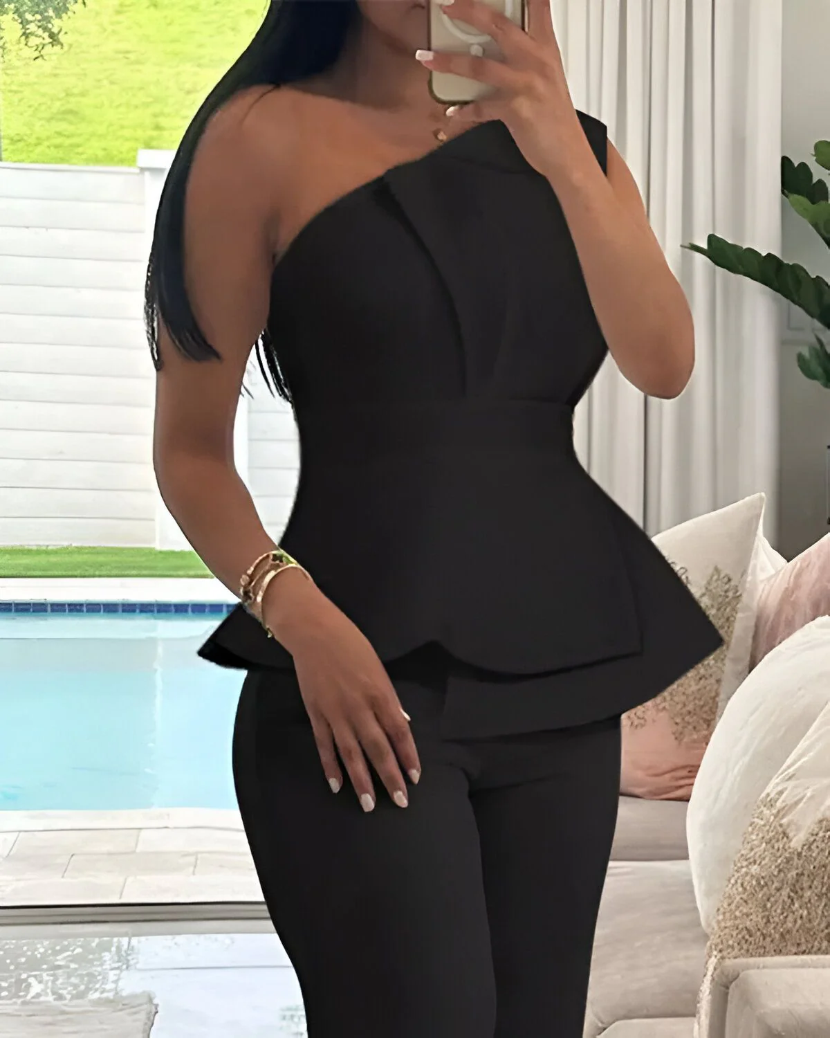 Ensemble haut froncé à une épaule et pantalon droit – Image 6