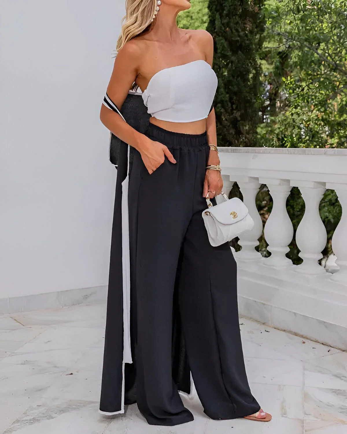 Ensemble manteau long et pantalon large avec reliure contrastée et détails noués – Image 4