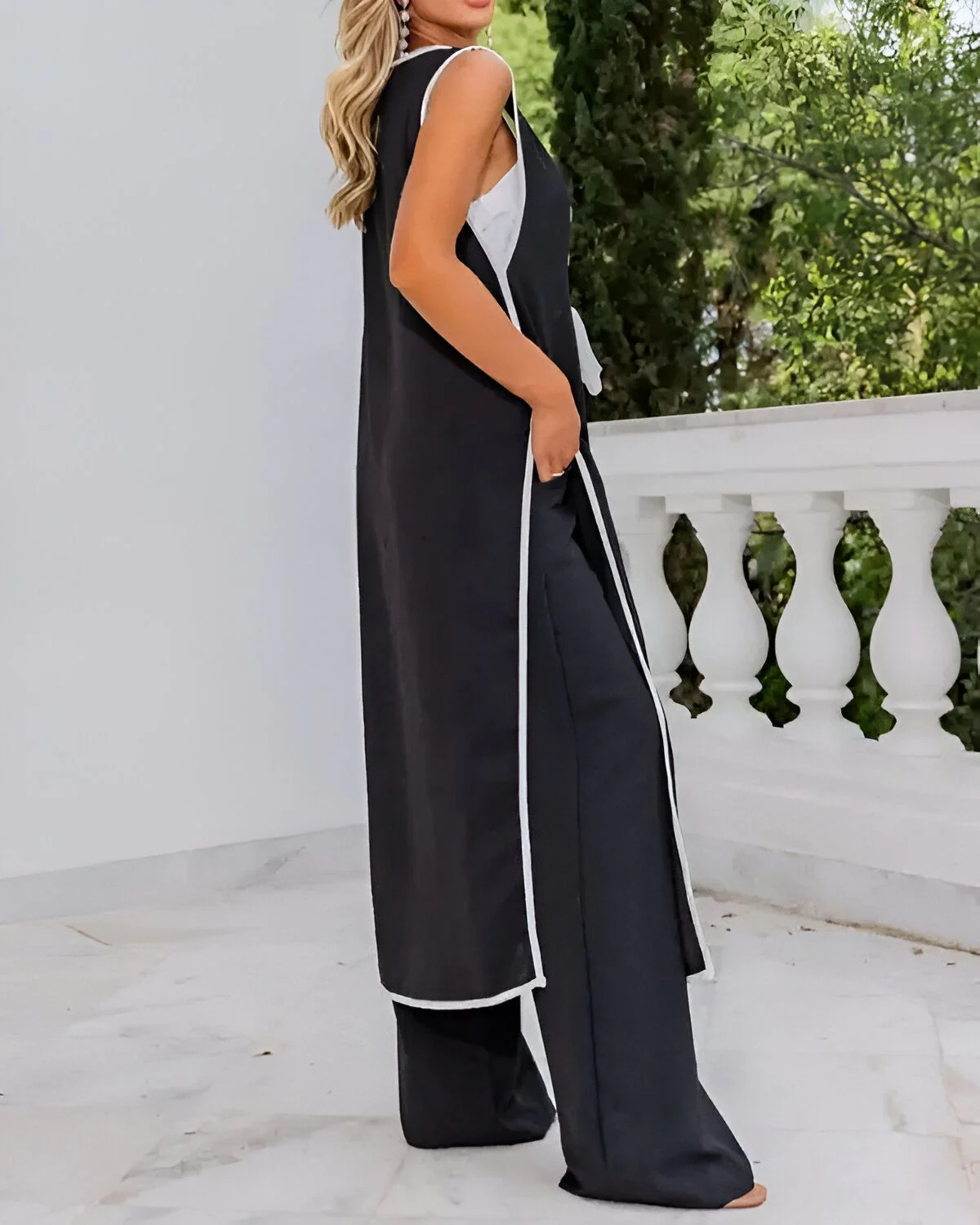 Ensemble manteau long et pantalon large avec reliure contrastée et détails noués – Image 7