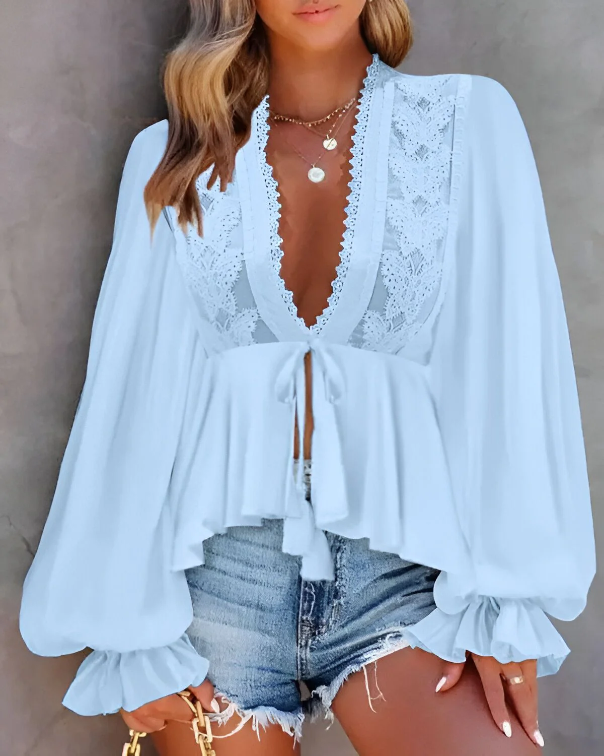 Haut à manches lanterne avec patch en dentelle et détail noué – Image 9