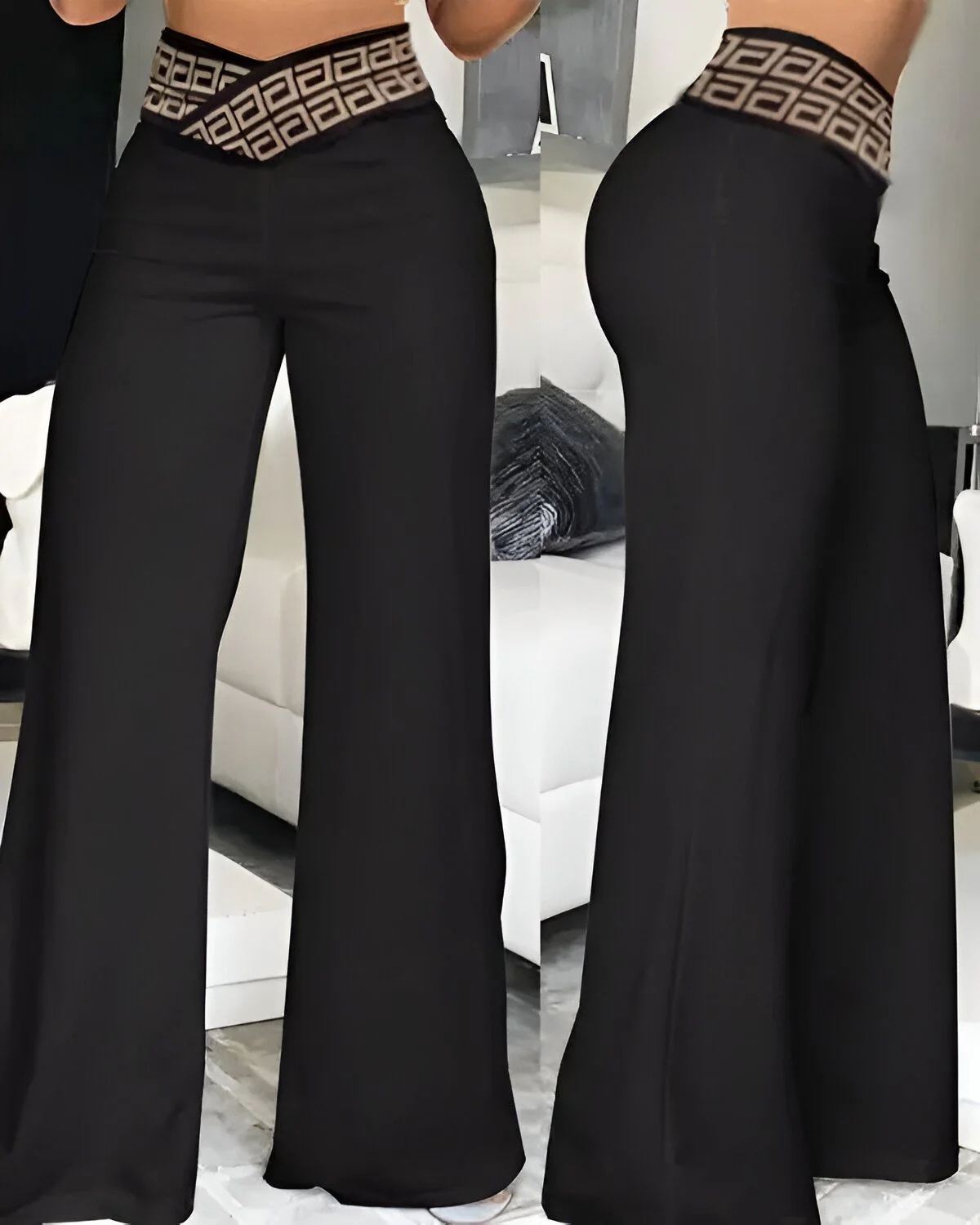 Pantalon bootcut large à taille superposée avec patch à bande géométrique