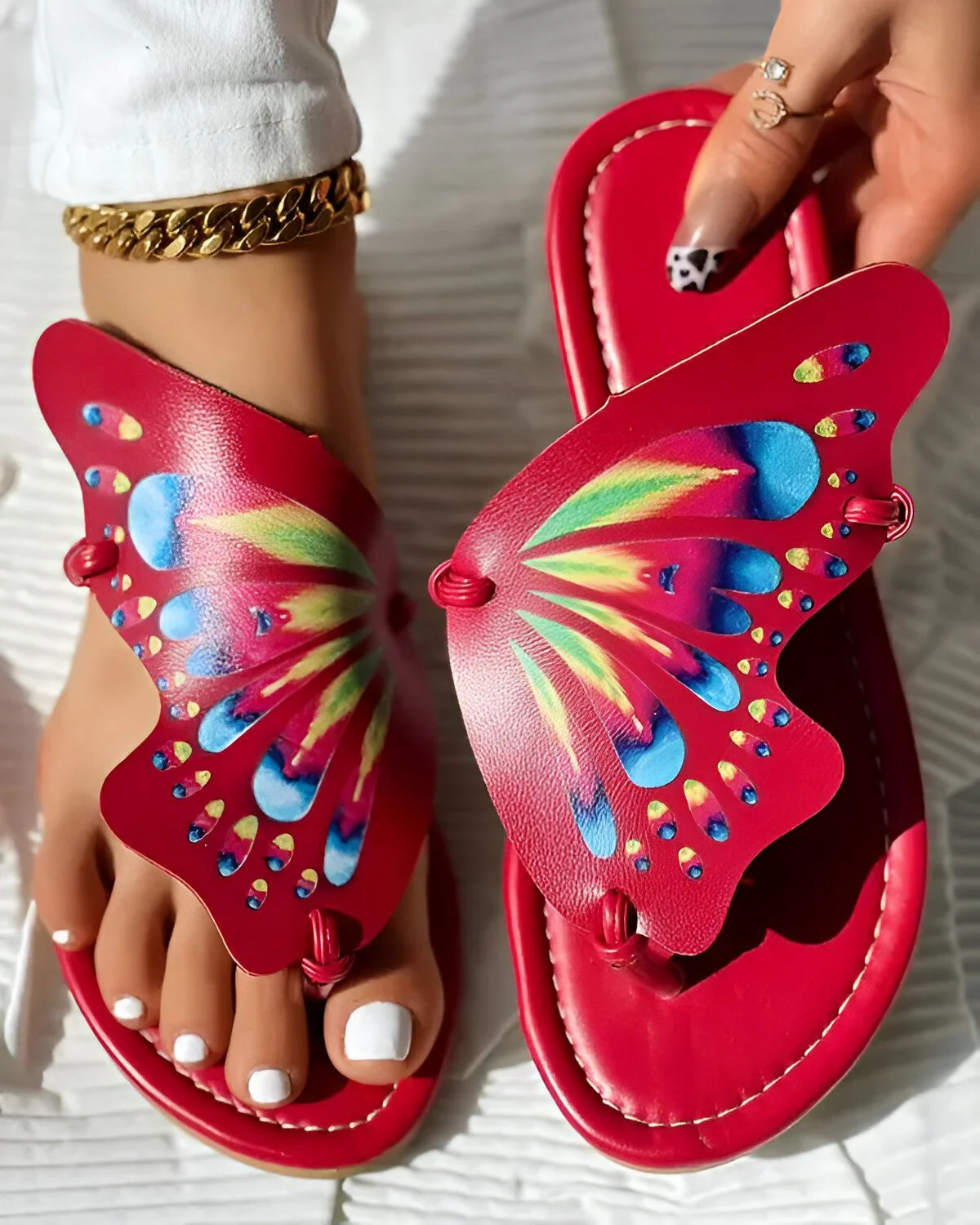 Pantoufles à bout d'orteil imprimé papillon color block – Image 7