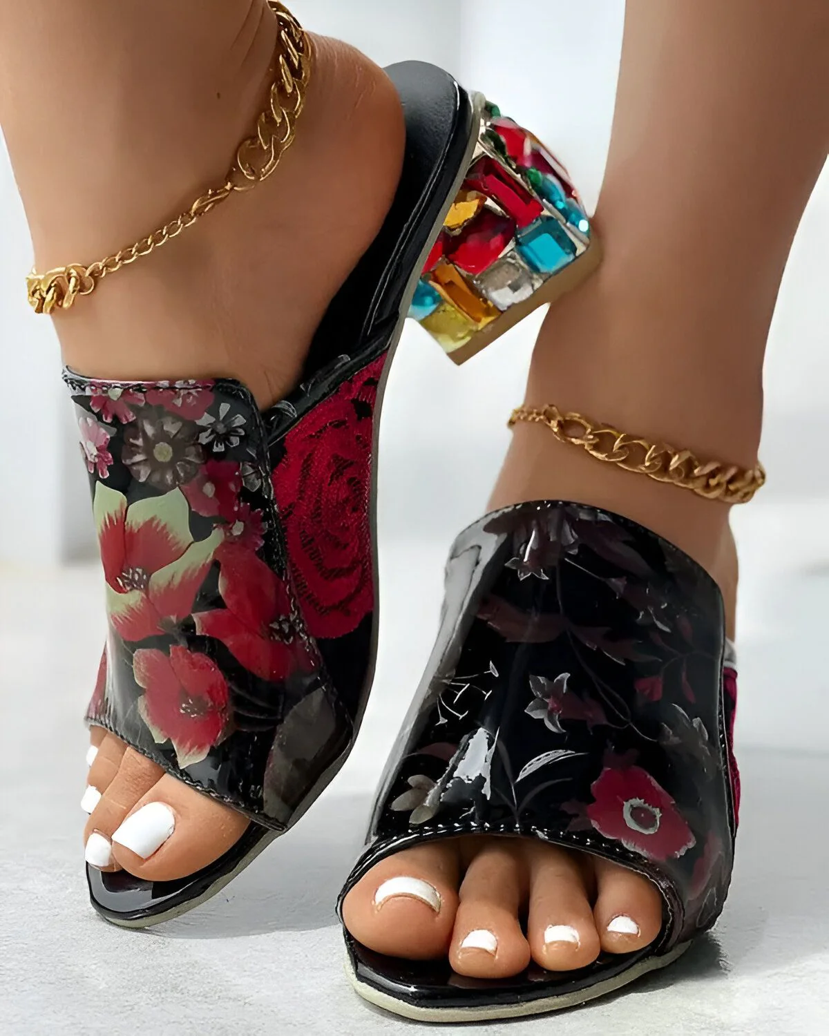 Pantoufles compensées brodées de plantes à décor de cristal – Image 8