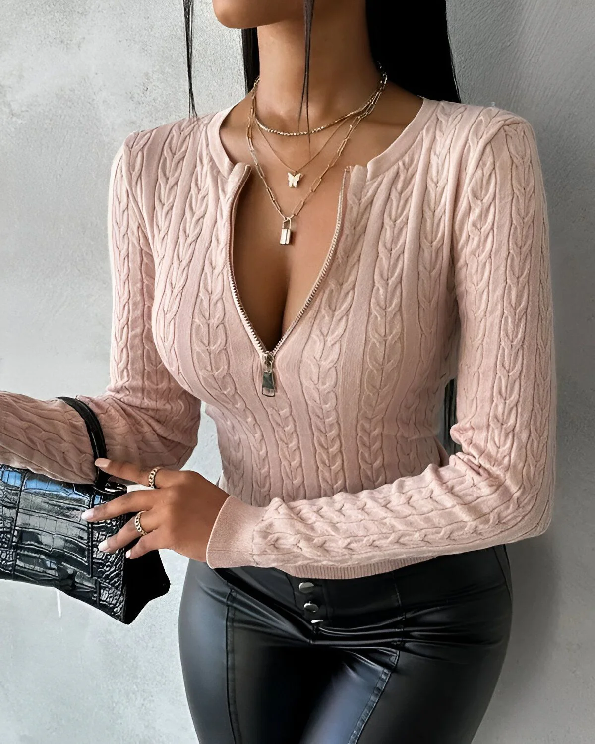 Pull en tricot torsadé à col rond et fermeture éclair – Image 8