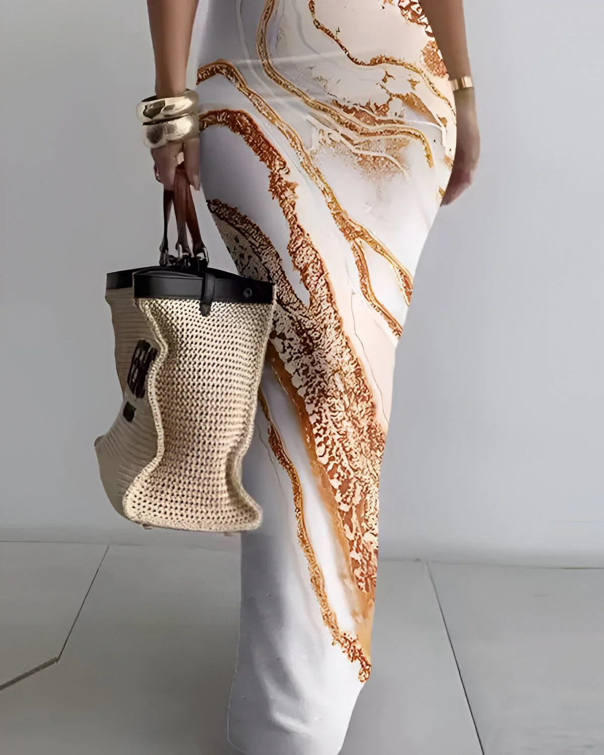 Robe longue à col en U et imprimé marbré – Image 3