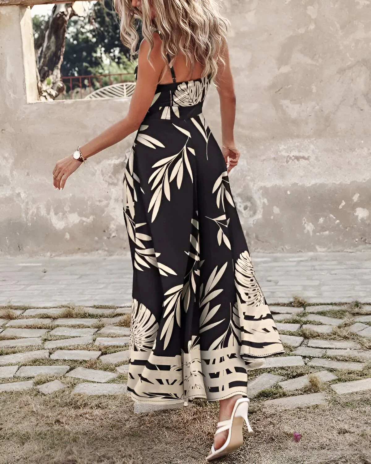 Robe longue fendue à imprimé tropical et à rayures – Image 2